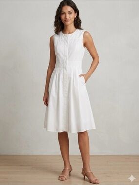 Club Monaco White Sleeveless A-Line Midi Dress with hidden buttons